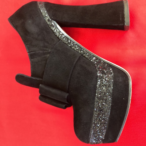 Mic Miu black suede bow booties with glitter platform - Picture 8 of 11